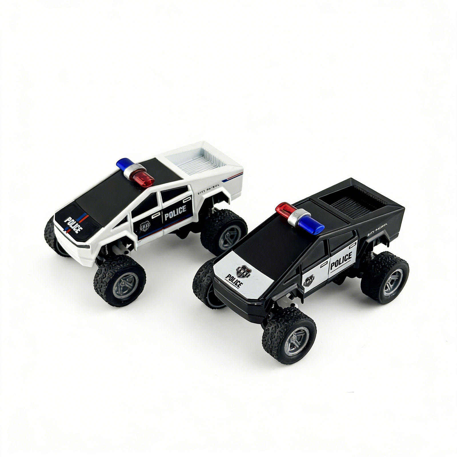 Two toy police cars, black and white.